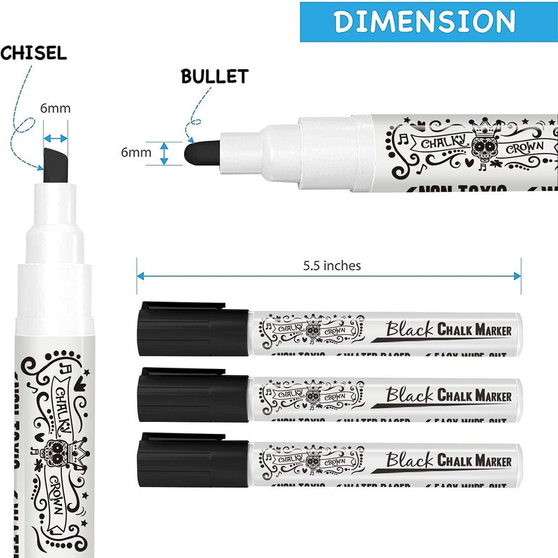CHALKY CROWN قلم ماركر سائل تشالكي كراون - قلم مسح جاف - أقلام طباشير لعلامات السبورة، النوافذ، السبورة السوداء، الزجاج - طرف قابل للعكس 6 مم (أسود، 5 عبوات) - Image 5